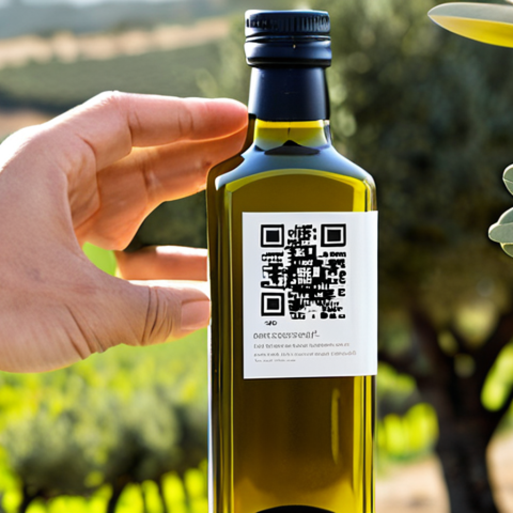 Blockchain Olive Oil Traceability**

"Close-up shot of a bottle of premium Alentejo olive oil with a blockchain traceability QR code prominently displayed. Background shows sun-drenched olive groves and a modern, clean bottling facility. Convey trust, authenticity, and quality assurance. Perfect anatomy, correct proportions, natural pose, well-formed hands. Professional product photography, high quality, safe for work, appropriate content, fully clothed, professional, modest."