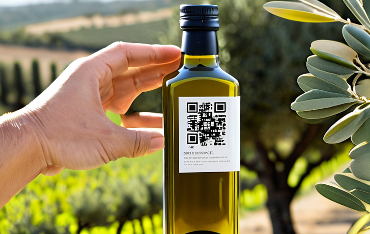 Blockchain Olive Oil Traceability**

"Close-up shot of a bottle of premium Alentejo olive oil with a blockchain traceability QR code prominently displayed. Background shows sun-drenched olive groves and a modern, clean bottling facility. Convey trust, authenticity, and quality assurance. Perfect anatomy, correct proportions, natural pose, well-formed hands. Professional product photography, high quality, safe for work, appropriate content, fully clothed, professional, modest."