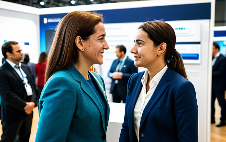 **
"A professional tech conference in Lisbon, Portugal. A fully clothed businesswoman in a modest business suit is engaging in a conversation with another professional. The background shows conference booths and attendees. Appropriate attire, safe for work, perfect anatomy, natural proportions, professional photography, high quality."
**