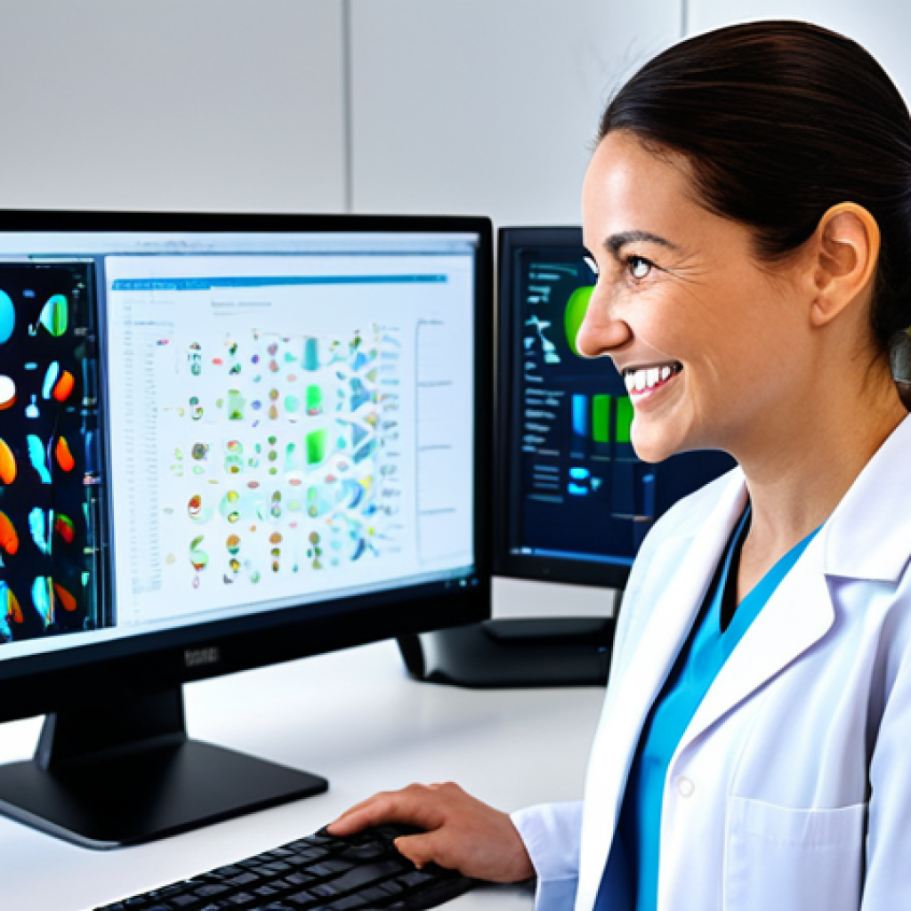 Personalized Genomics Professional**
"A professional female doctor in a clean, modern lab coat, smiling gently while examining a DNA sequence on a computer screen. Background features advanced lab equipment and colorful genetic models. Fully clothed, appropriate attire, safe for work, perfect anatomy, correct proportions, professional, family-friendly, high resolution, detailed, realistic."
**