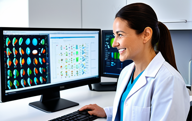 Personalized Genomics Professional**
"A professional female doctor in a clean, modern lab coat, smiling gently while examining a DNA sequence on a computer screen. Background features advanced lab equipment and colorful genetic models. Fully clothed, appropriate attire, safe for work, perfect anatomy, correct proportions, professional, family-friendly, high resolution, detailed, realistic."
**