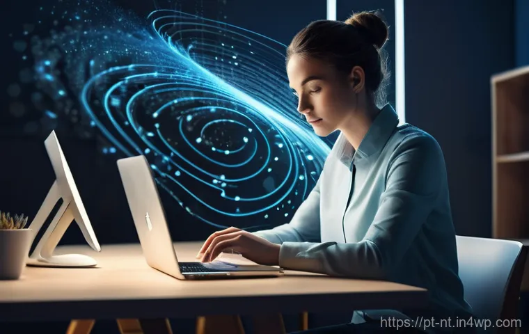 히든 테크놀로지와 개인 정보 보호 문제 - **Prompt:** A young adult, fully clothed in comfortable, modern attire, is seated at a minimalist de...