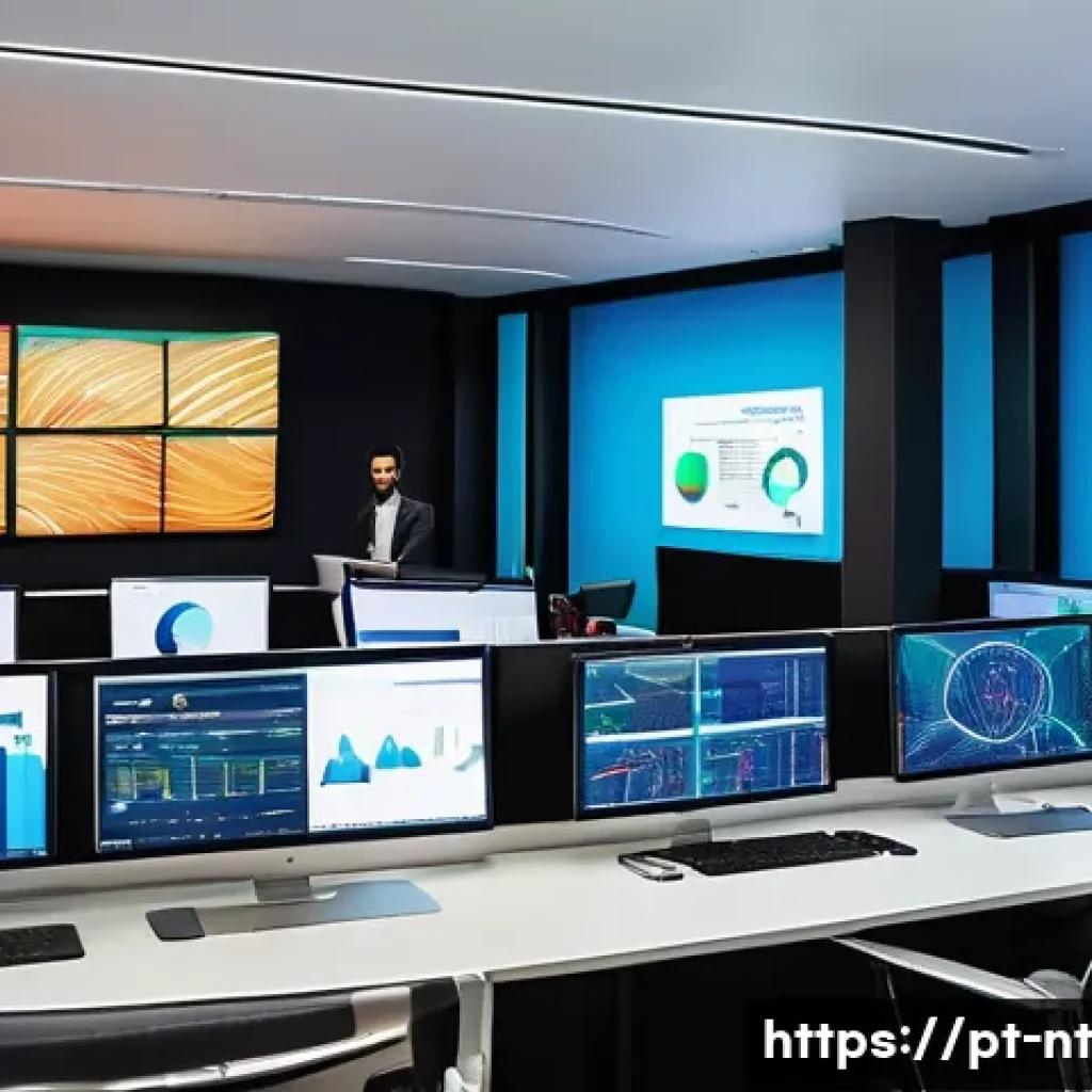 히든 테크놀로지를 활용한 마케팅 전략 - A dynamic digital marketing control room in a modern São Paulo office, featuring multiple large scre...