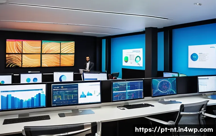 히든 테크놀로지를 활용한 마케팅 전략 - A dynamic digital marketing control room in a modern São Paulo office, featuring multiple large scre...