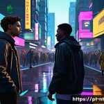 히든 테크놀로지와 게임 산업의 변화 - A futuristic video game scene showcasing dynamic AI-driven NPCs interacting with a human player char...