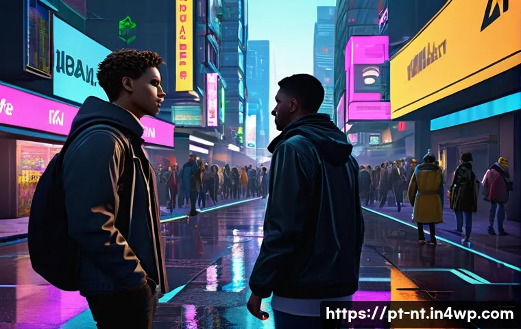 히든 테크놀로지와 게임 산업의 변화 - A futuristic video game scene showcasing dynamic AI-driven NPCs interacting with a human player char...
