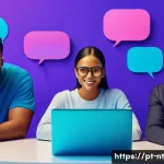 히든 테크놀로지의 사용자 커뮤니티 만들기 - A diverse group of technology community members engaging in a vibrant online discussion, shown as av...