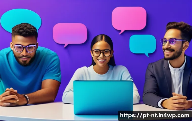 히든 테크놀로지의 사용자 커뮤니티 만들기 - A diverse group of technology community members engaging in a vibrant online discussion, shown as av...