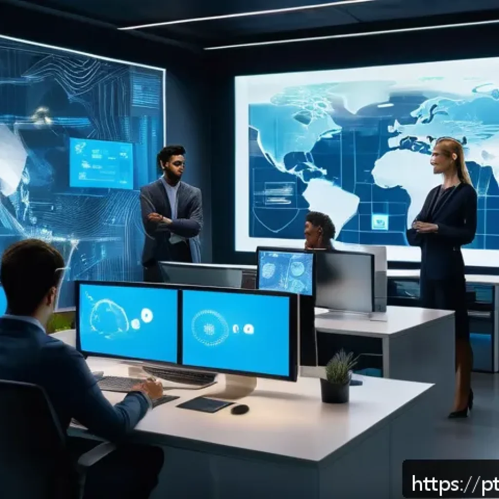 히든 테크놀로지의 생태계 구축 방안 - A futuristic office environment showcasing a diverse team of professionals collaborating seamlessly ...