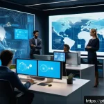 히든 테크놀로지의 생태계 구축 방안 - A futuristic office environment showcasing a diverse team of professionals collaborating seamlessly ...