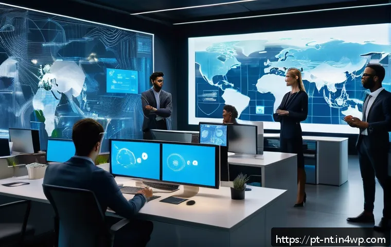 히든 테크놀로지의 생태계 구축 방안 - A futuristic office environment showcasing a diverse team of professionals collaborating seamlessly ...