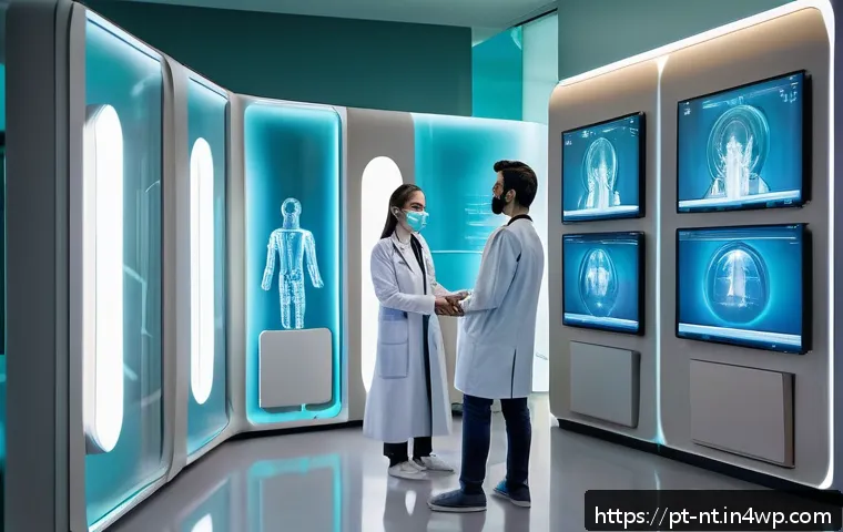 히든 테크놀로지의 차세대 기술 동향 - A futuristic medical clinic scene in Brazil showcasing advanced AI-powered diagnostic machines analy...